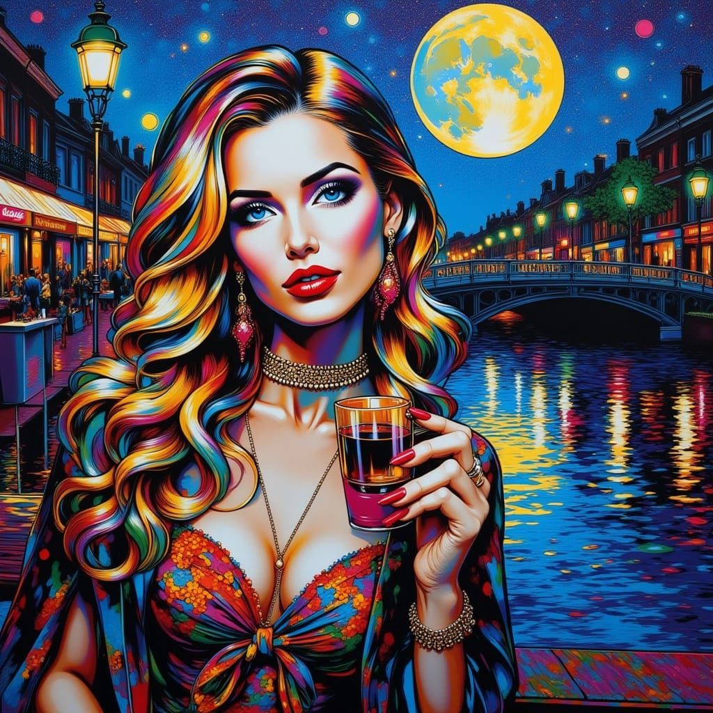 Pop Art Woman on Moonlit Bridge