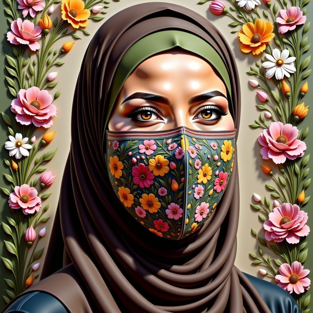 Beautiful Hijabi Woman in Floral Ornaments