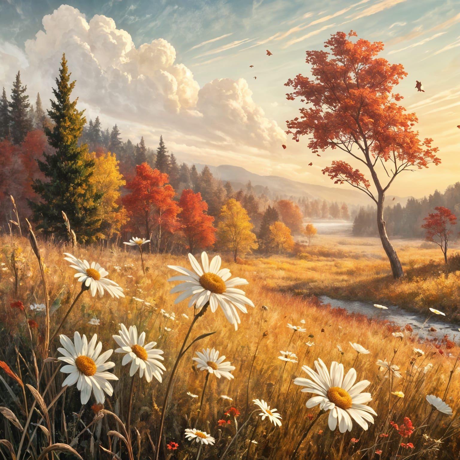 Vibrant Daisies Dance in Autumn Panorama