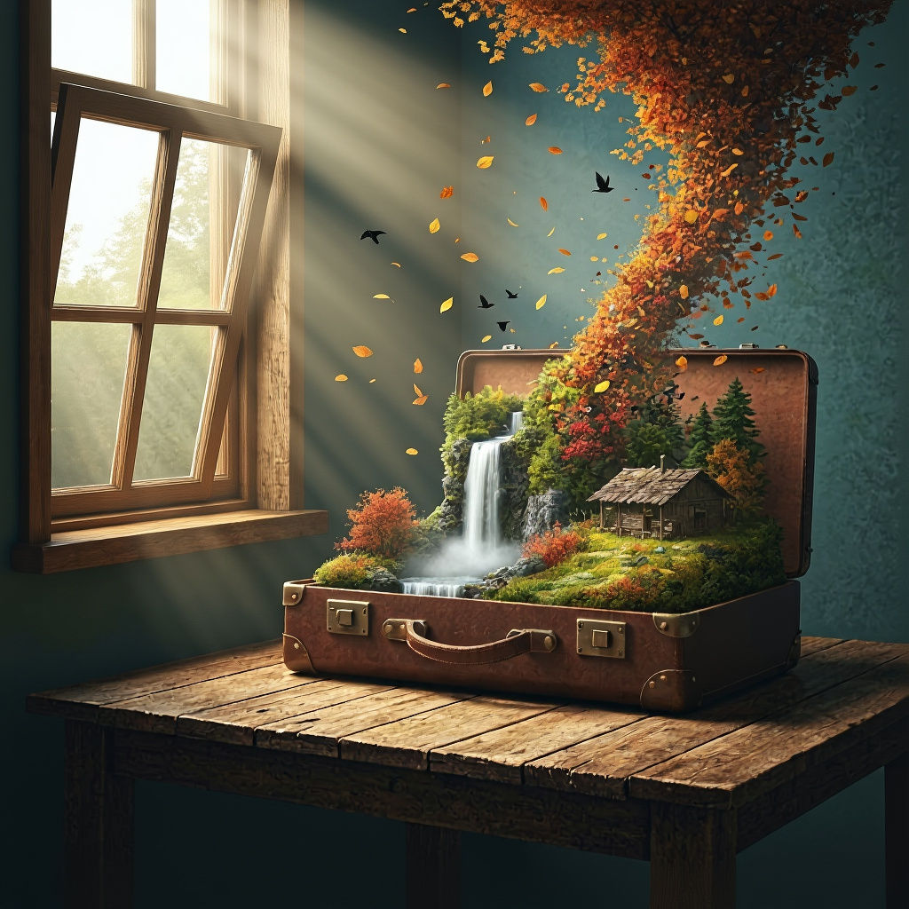 Miniature Autumn Landscape in Suitcase by Open Window