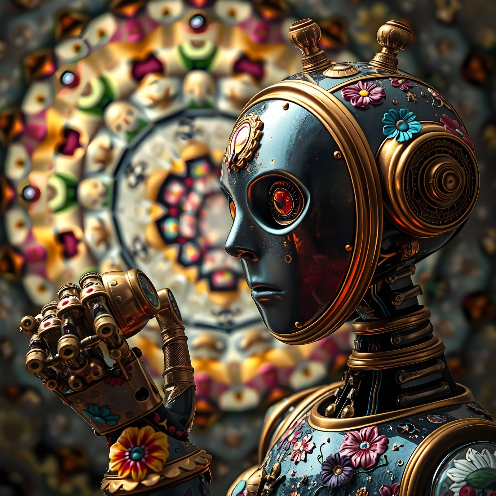 Steampunk Robot Gazing into Kaleidoscopic Vortex