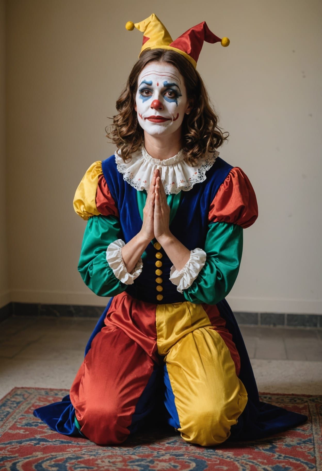 Woman in Jester Costume Kneeling in Prayer