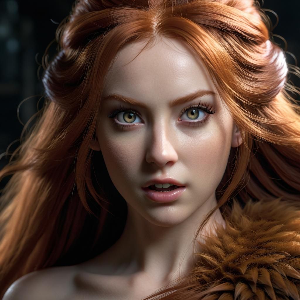Photorealistic Lamia Portrait with Ginger Hair and Fangs