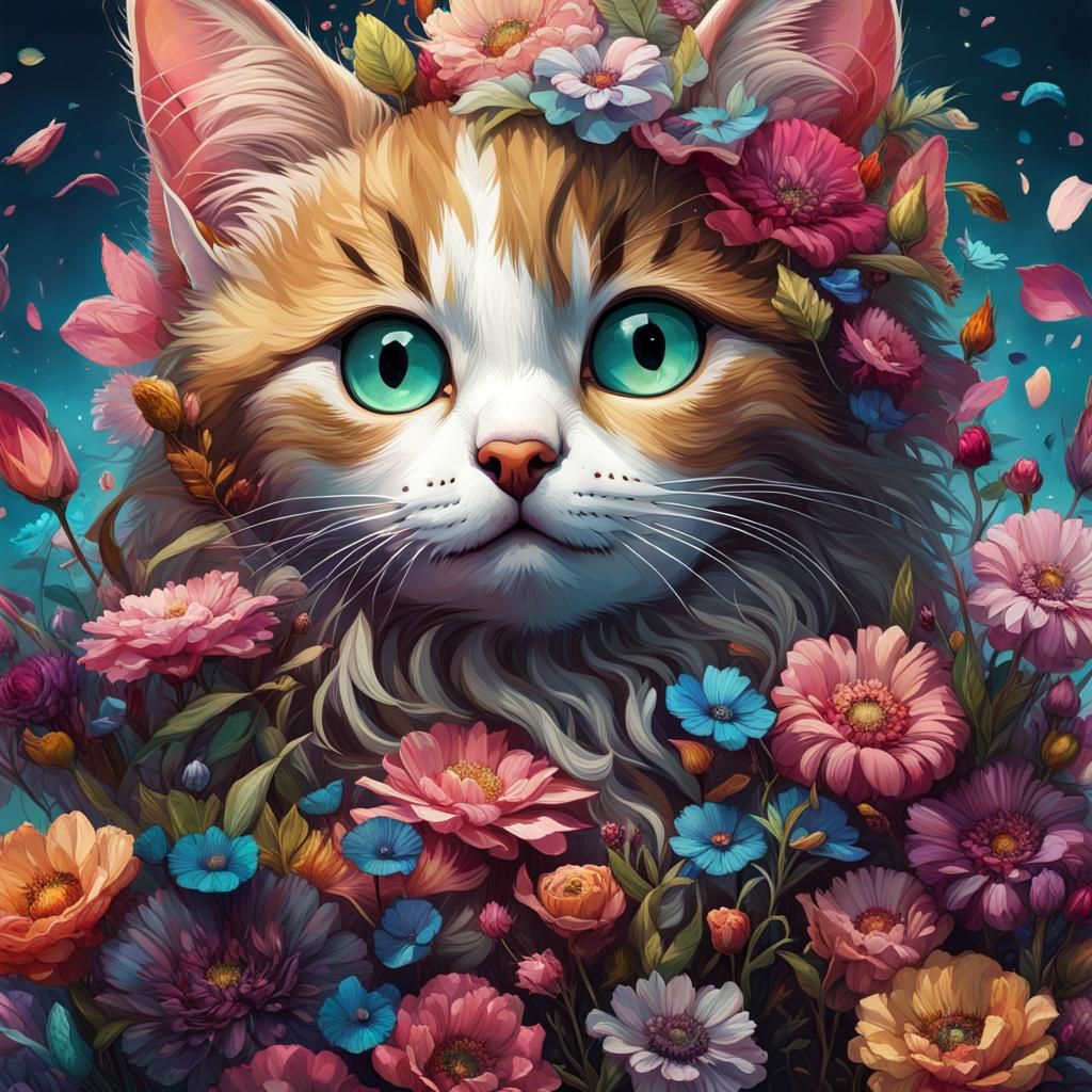 Cute Cat with Flower Petals in Colorful Pastel Art