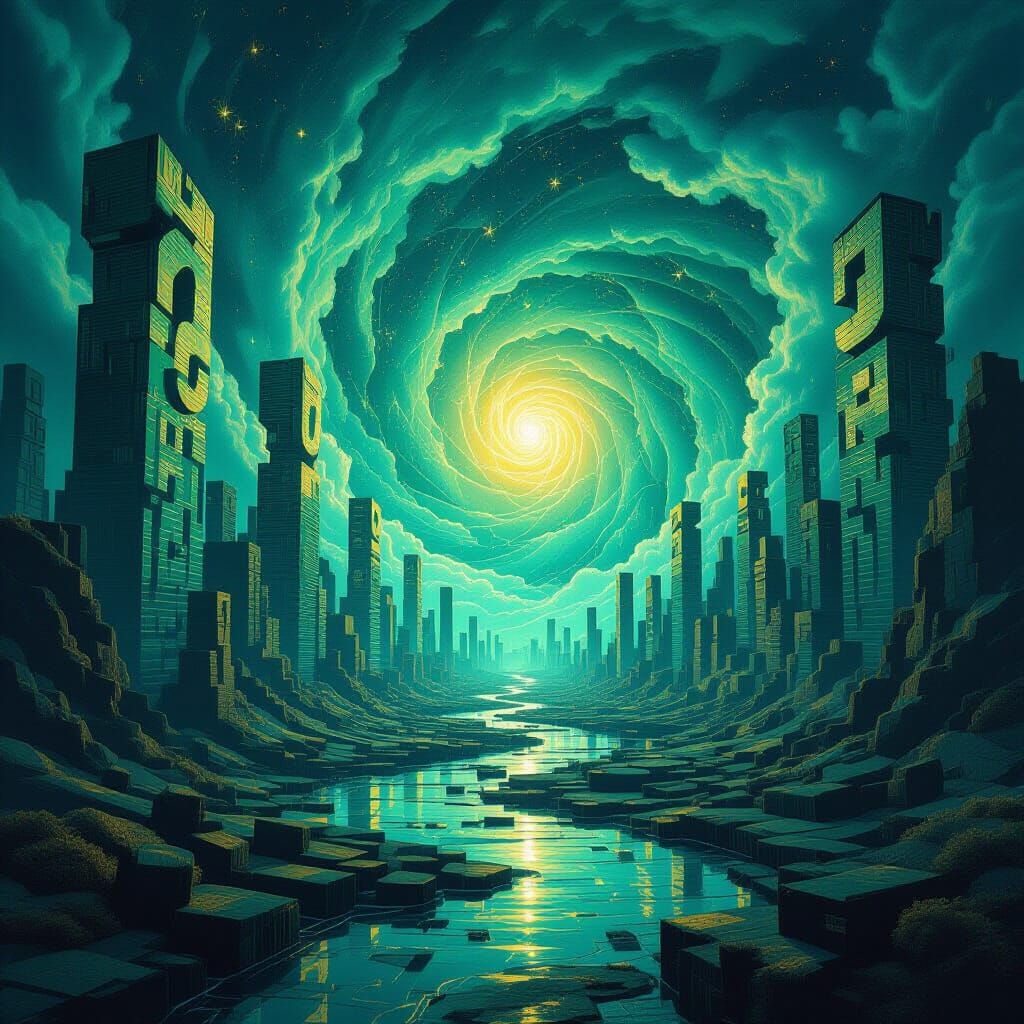 Surreal Number Landscape with Vortex in Teal and Gold