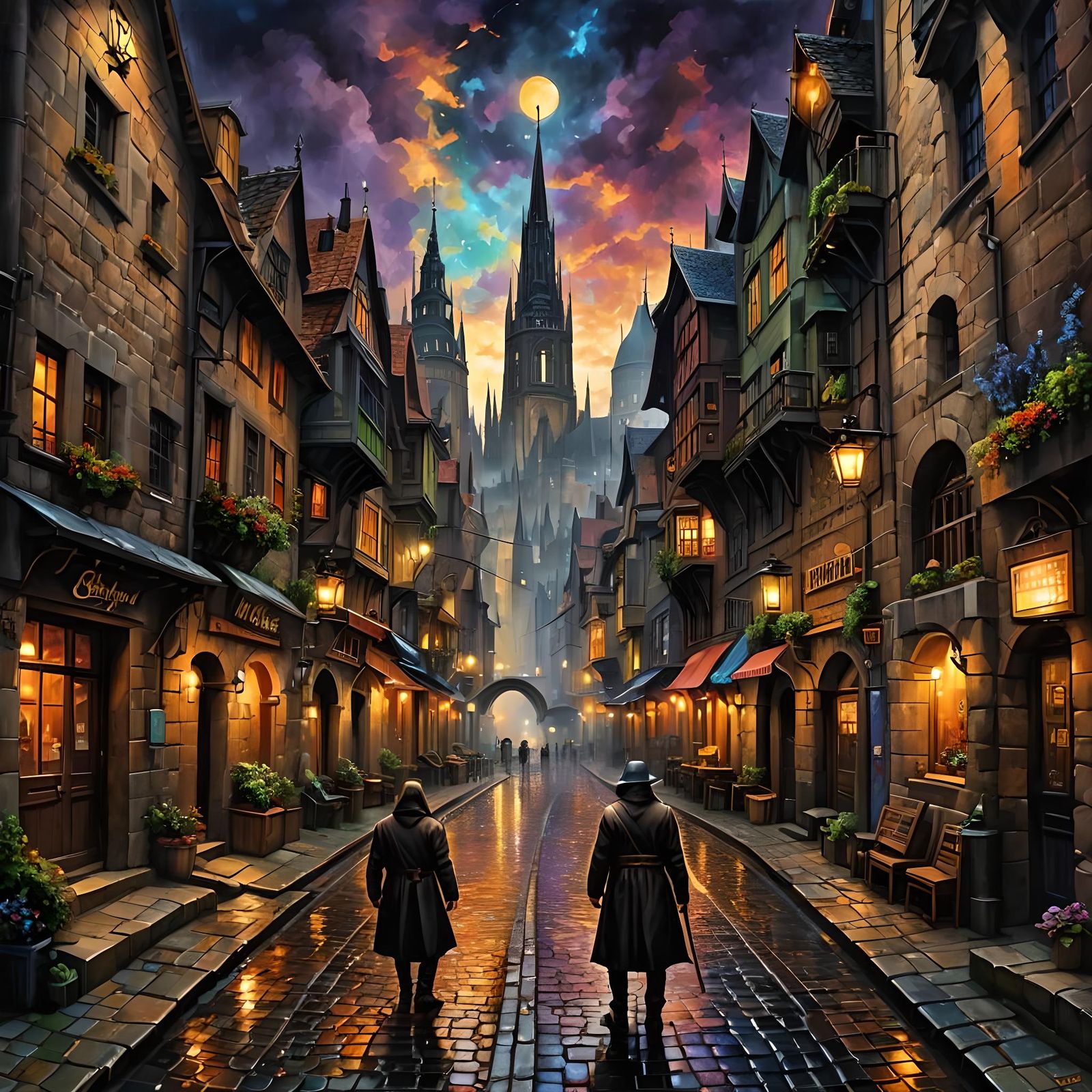 Cyberpunk Cityscape with Medieval Elements in Gritty Detail