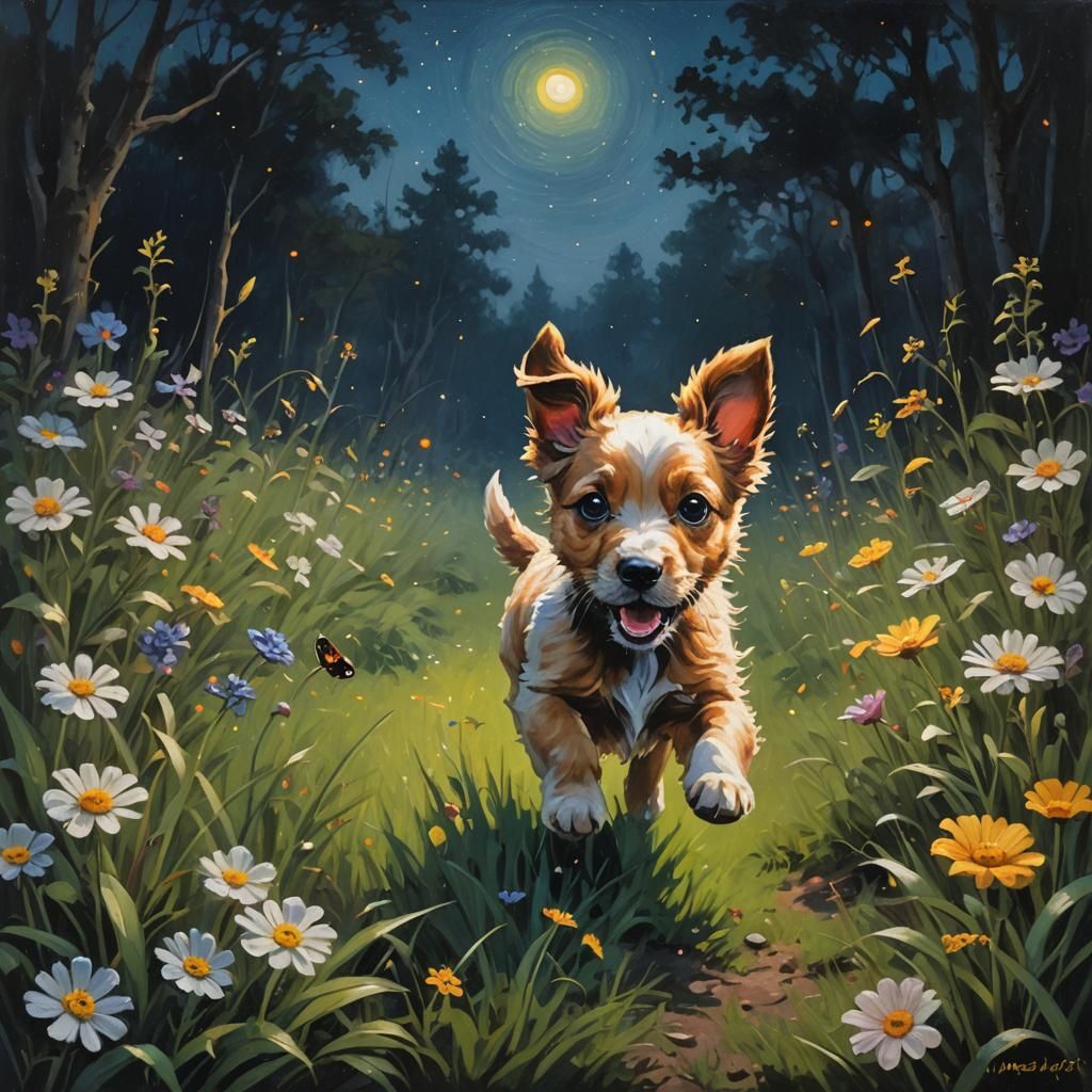 Puppy's Firefly Chase: An Oil Painting