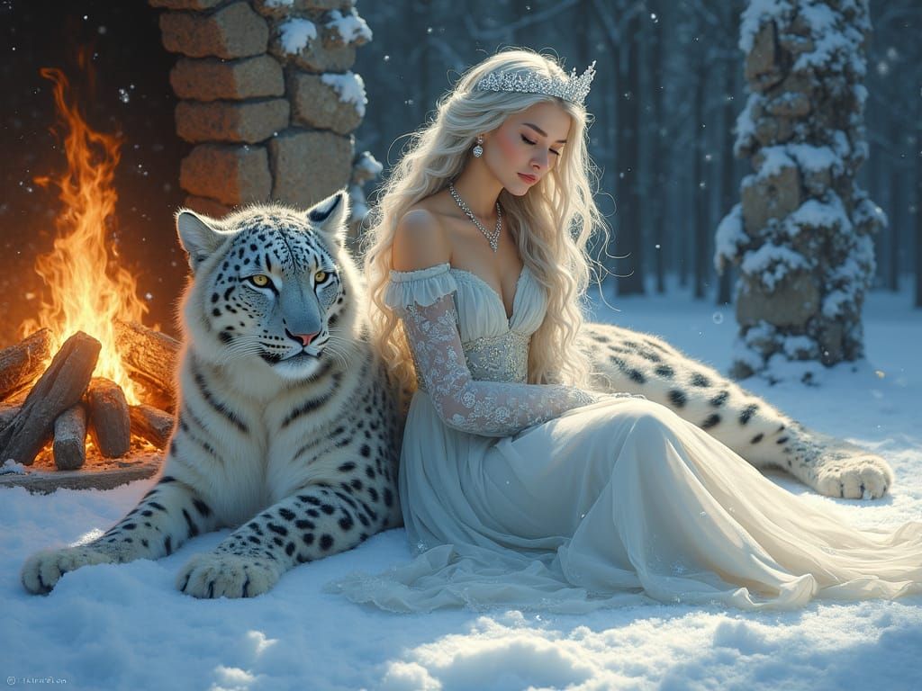 Snow Maiden with Leopard in Ethereal Illustration