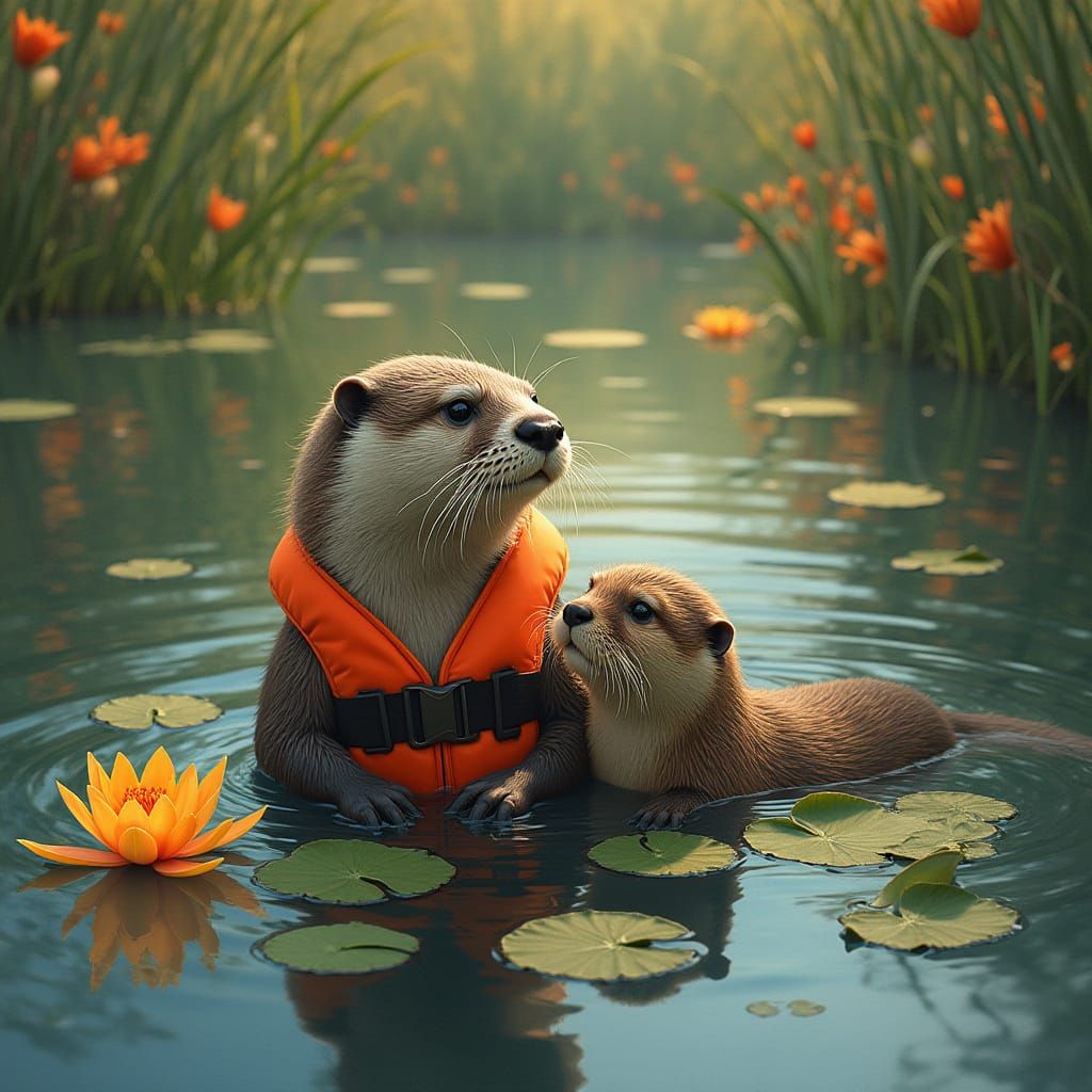 Otter in Life Jacket Amidst Water Lilies