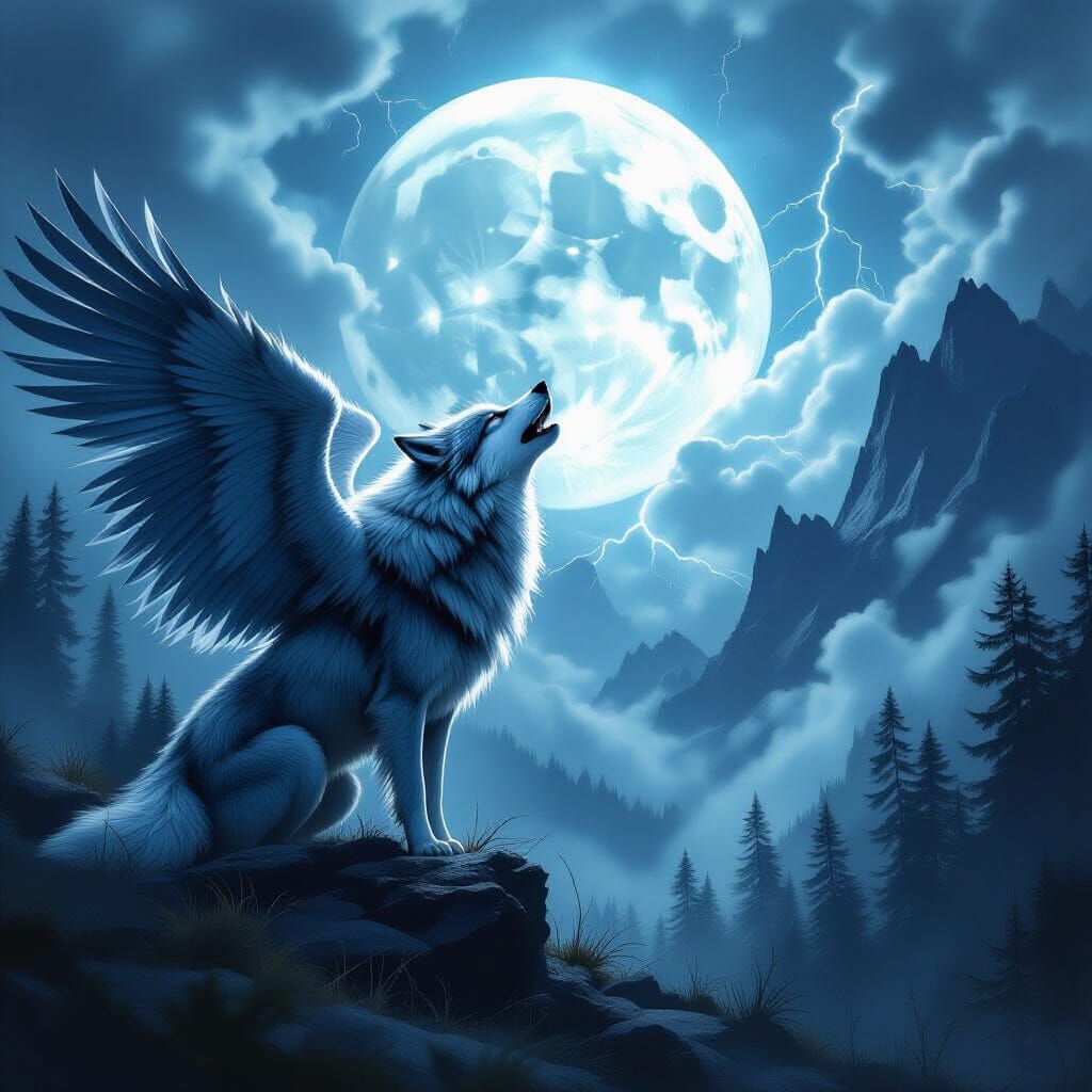 Winged Wolf Howls at Stormy Moon in Ethereal Forest