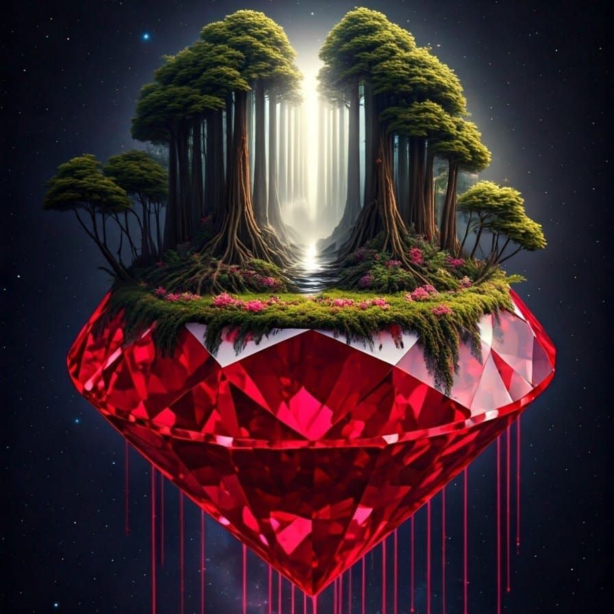 Vibrant Ruby Gemstone in Epic Redwood Galaxy