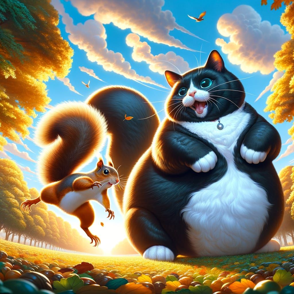 Tuxedo Cat and Squirrel Friends Play in Sunny Forest