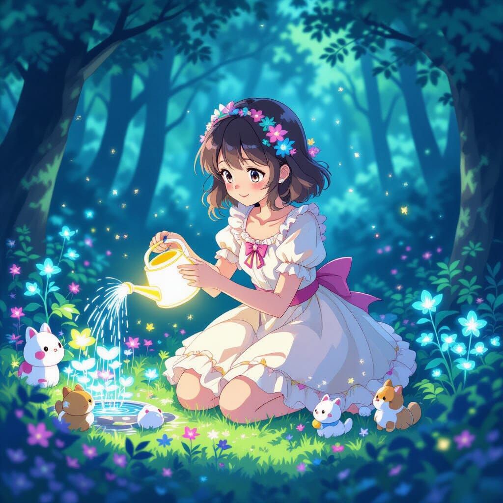 Magical Girl Watering Bioluminescent Plants in Ghibli Style