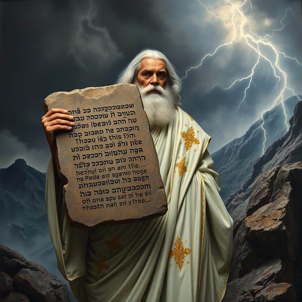 Ancient Biblical Tablets Held by Moses in Dramatic Baroque S...