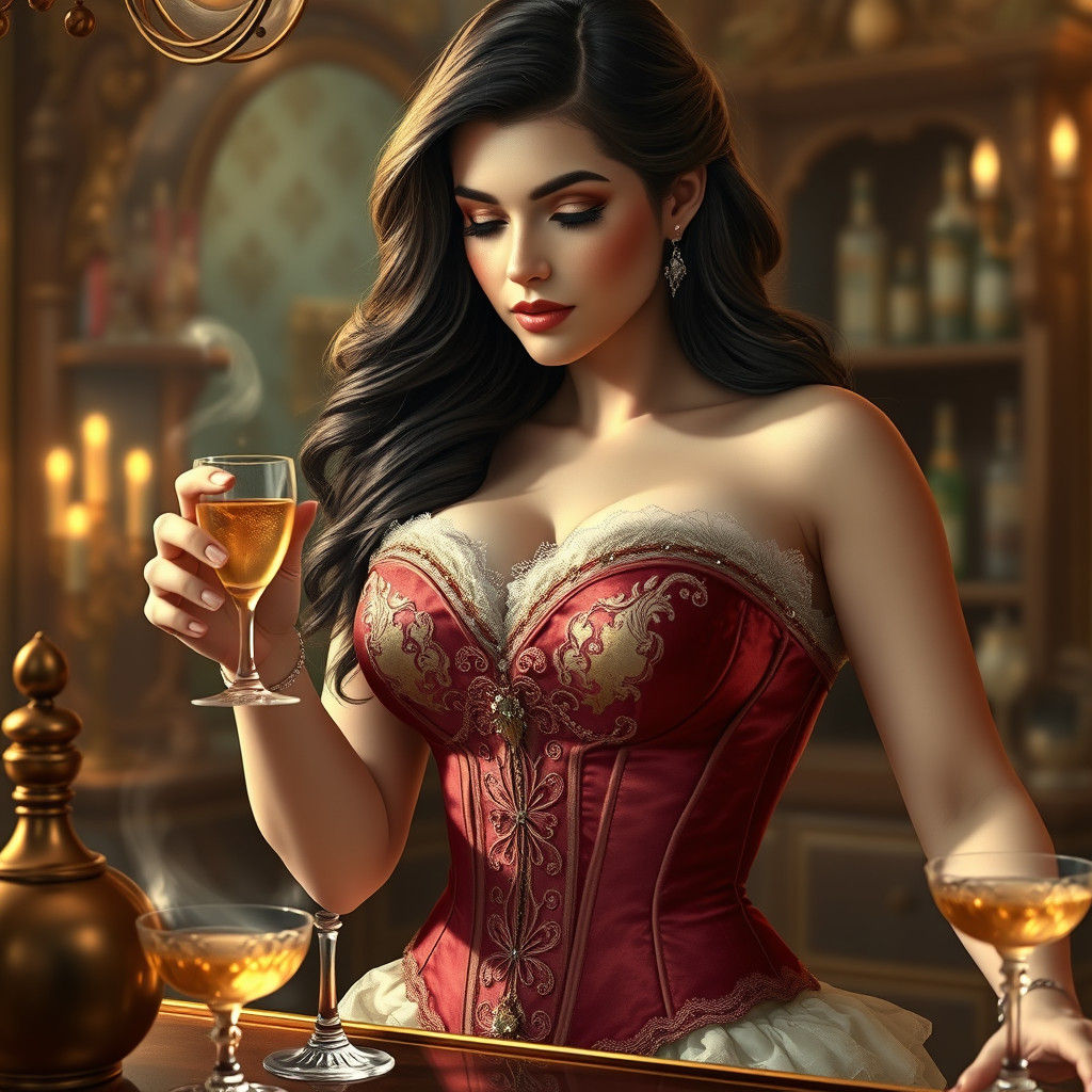 Mystical Barmaid in Ethereal Realm, Kinkade Style
