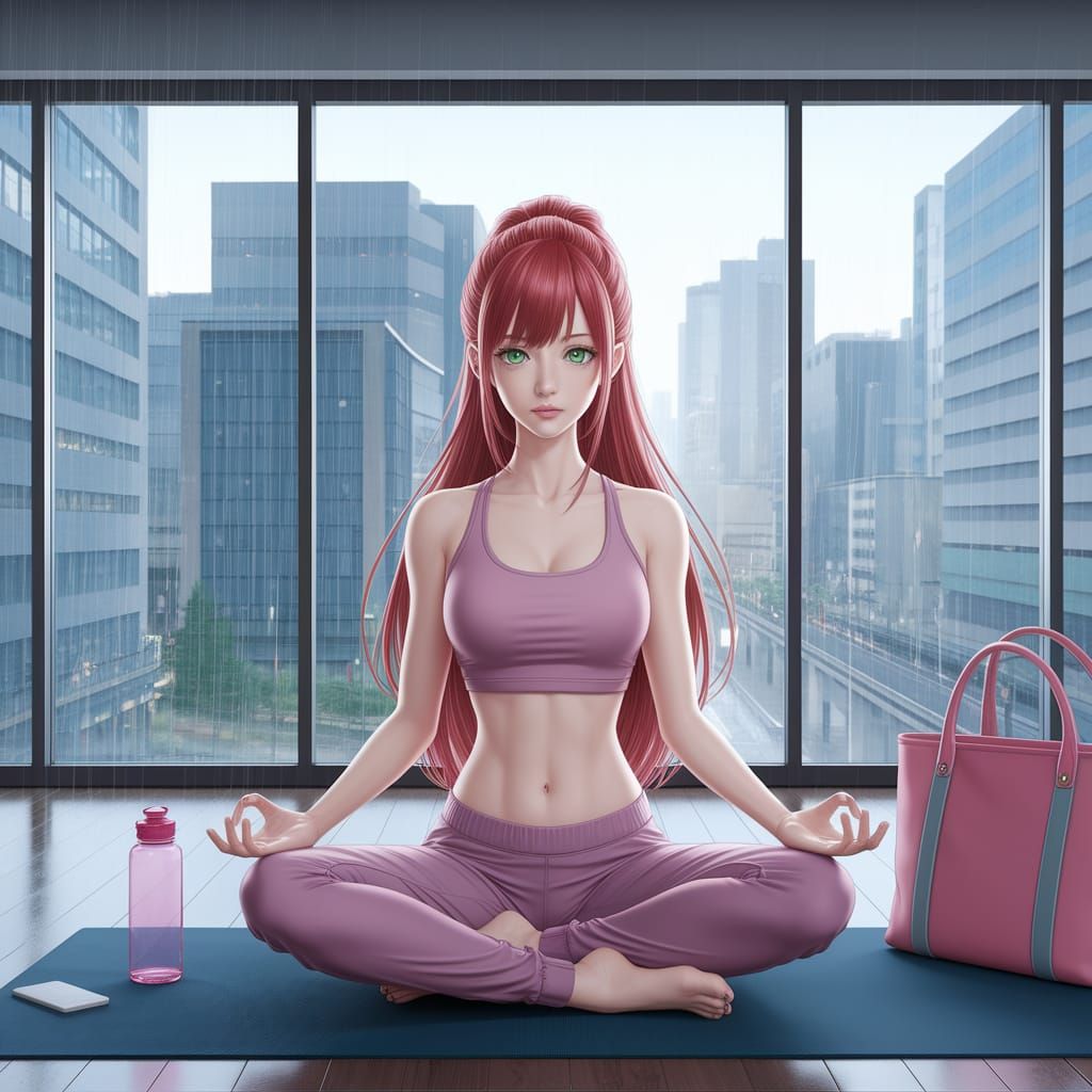 Japanese Woman Meditating in Rainy Tokyo Yoga Studio