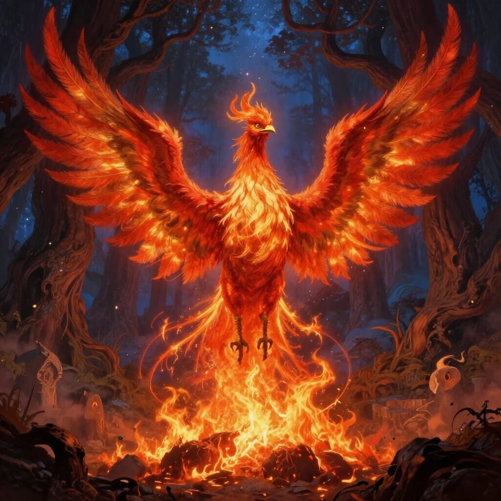 Majestic Phoenix Rises From Embers in Fantasy Forest