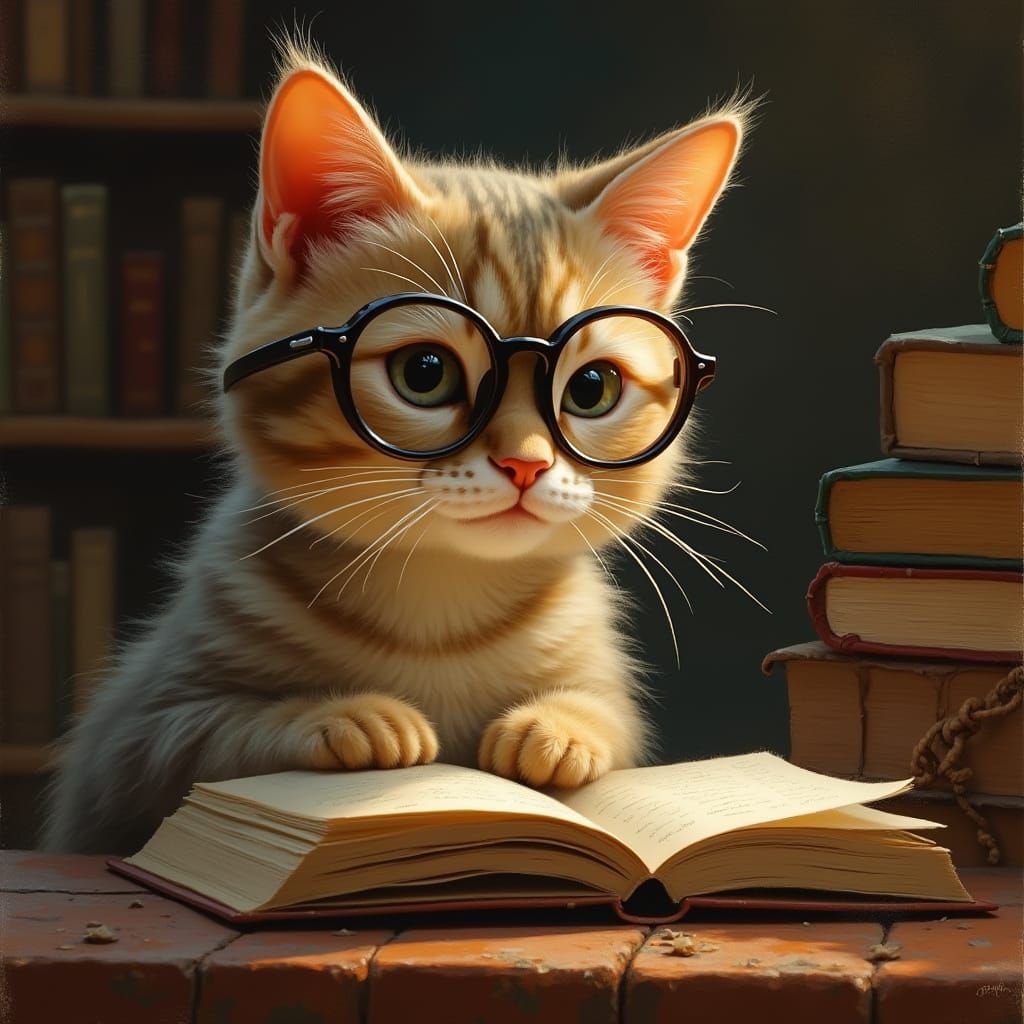 Cat Reads Book in Glasses: Photorealistic Animal Portrait
