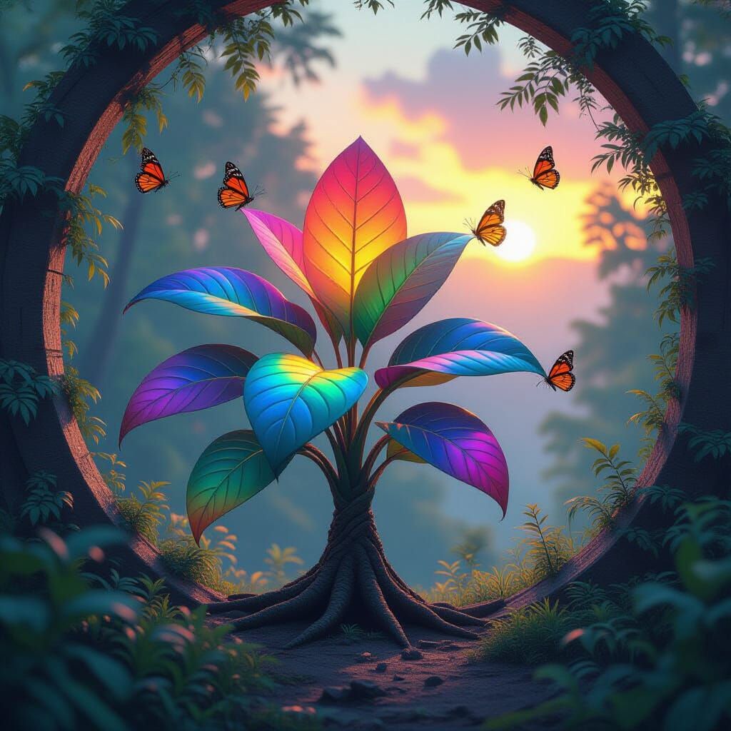 Rainbow Plant Archway in Mystical Forest, Digital Art
