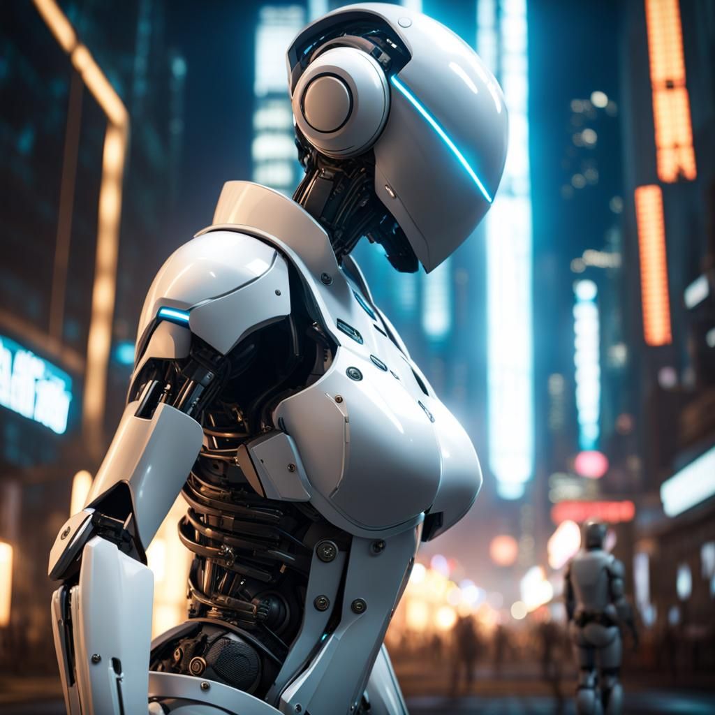 Apocalyptic Cyberpunk City with Kneeling Robot