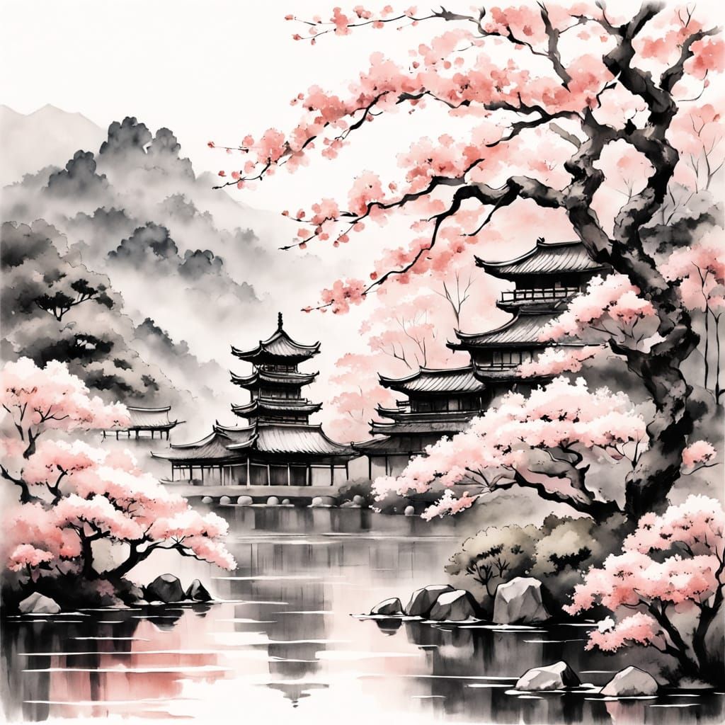 Ancient Sakura Tree in Traditional Japanese Landscape