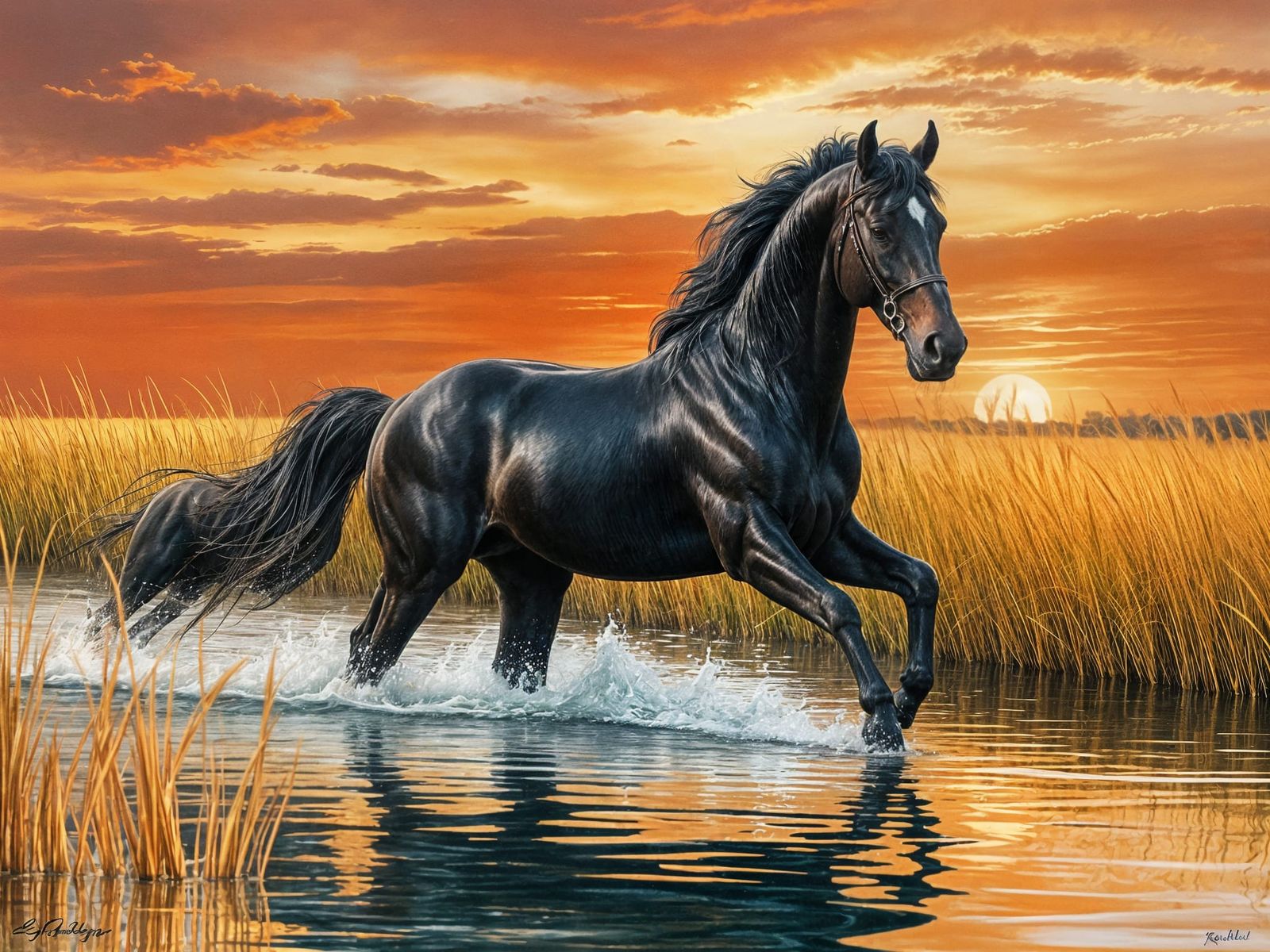 Majestic Friesian Stallion Gallops Through River Under Sunse...