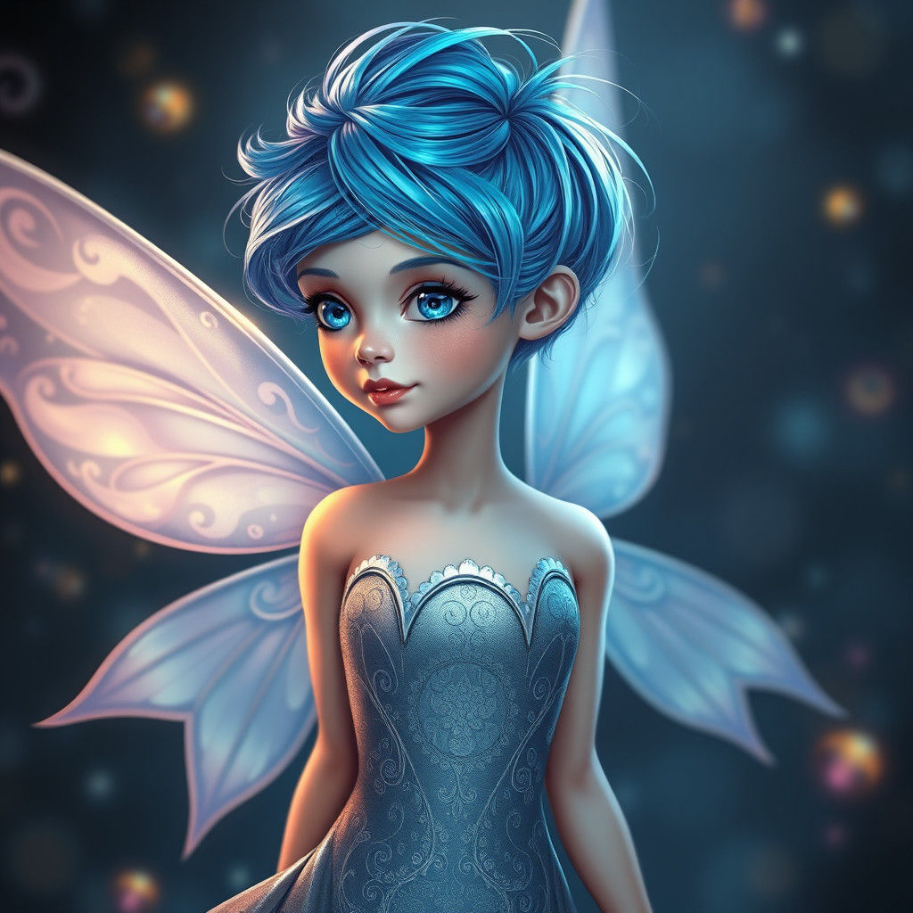 Ethereal Blue-Haired Fairy with Silver Dress