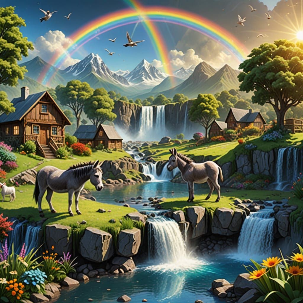 Donkey Riding Bike Near Waterfall in Fairycore Style