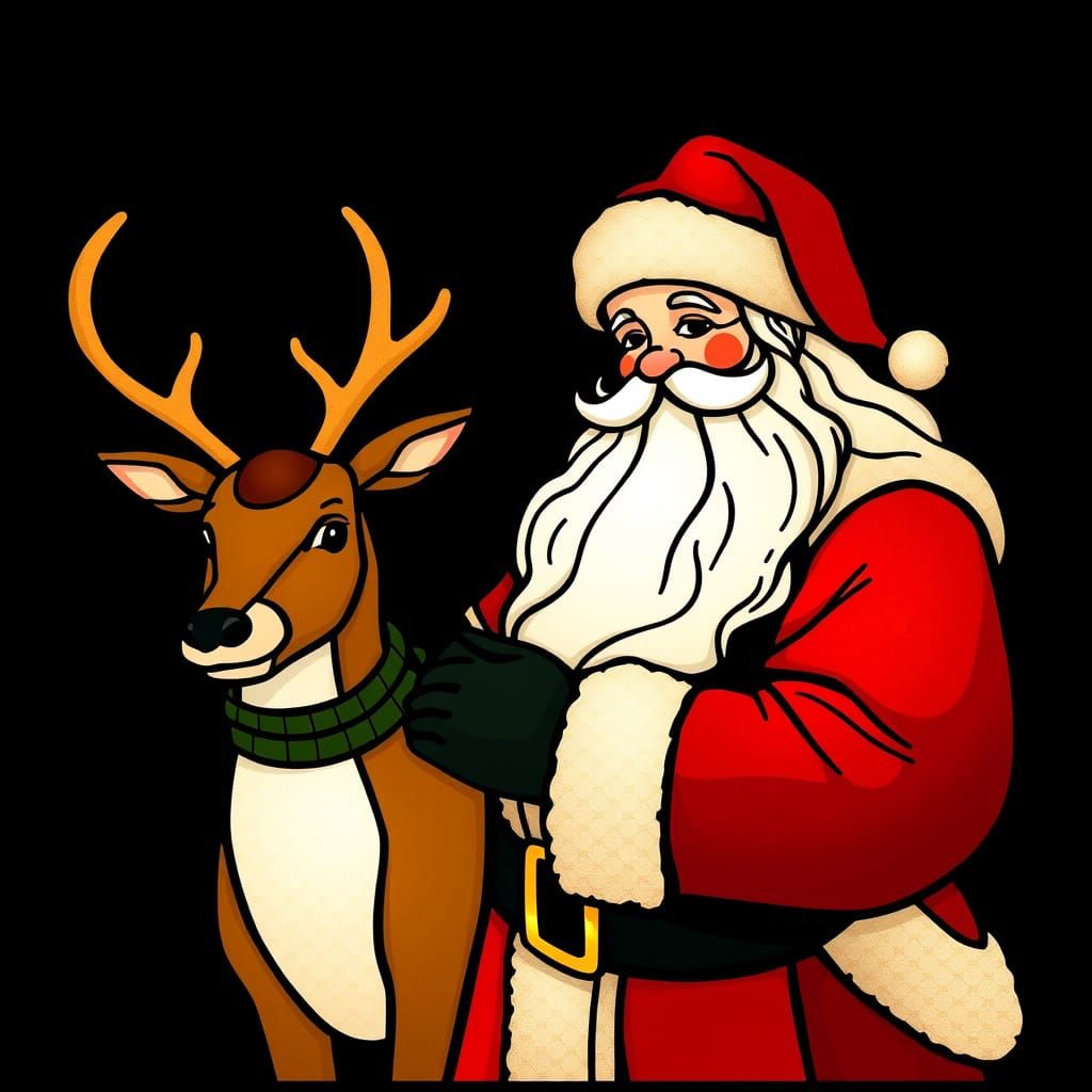 Santa and Rudolph in Stained Glass Style