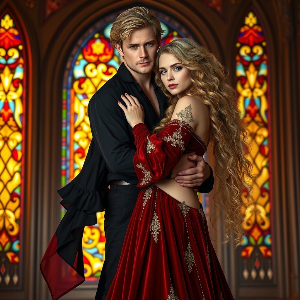 Ethereal Couple in Stained Glass Light