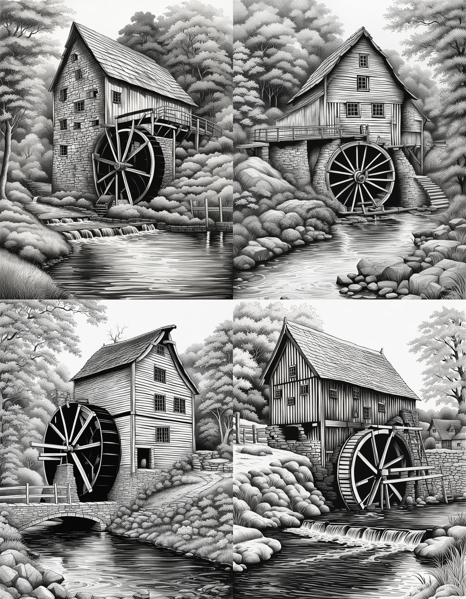 Black and White Watermill Drawing with Stream