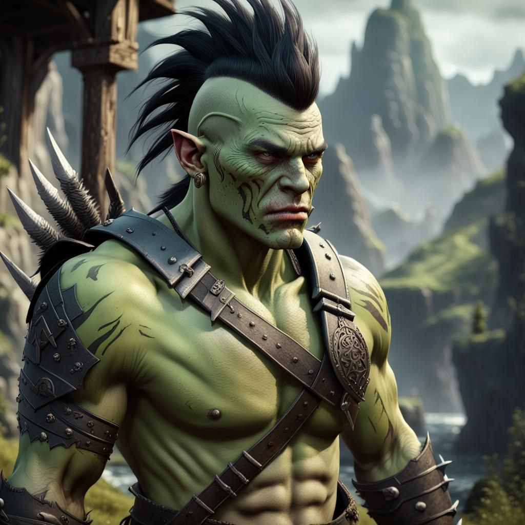Half-Orc Fighter with Black Mohawk, Fantasy Art