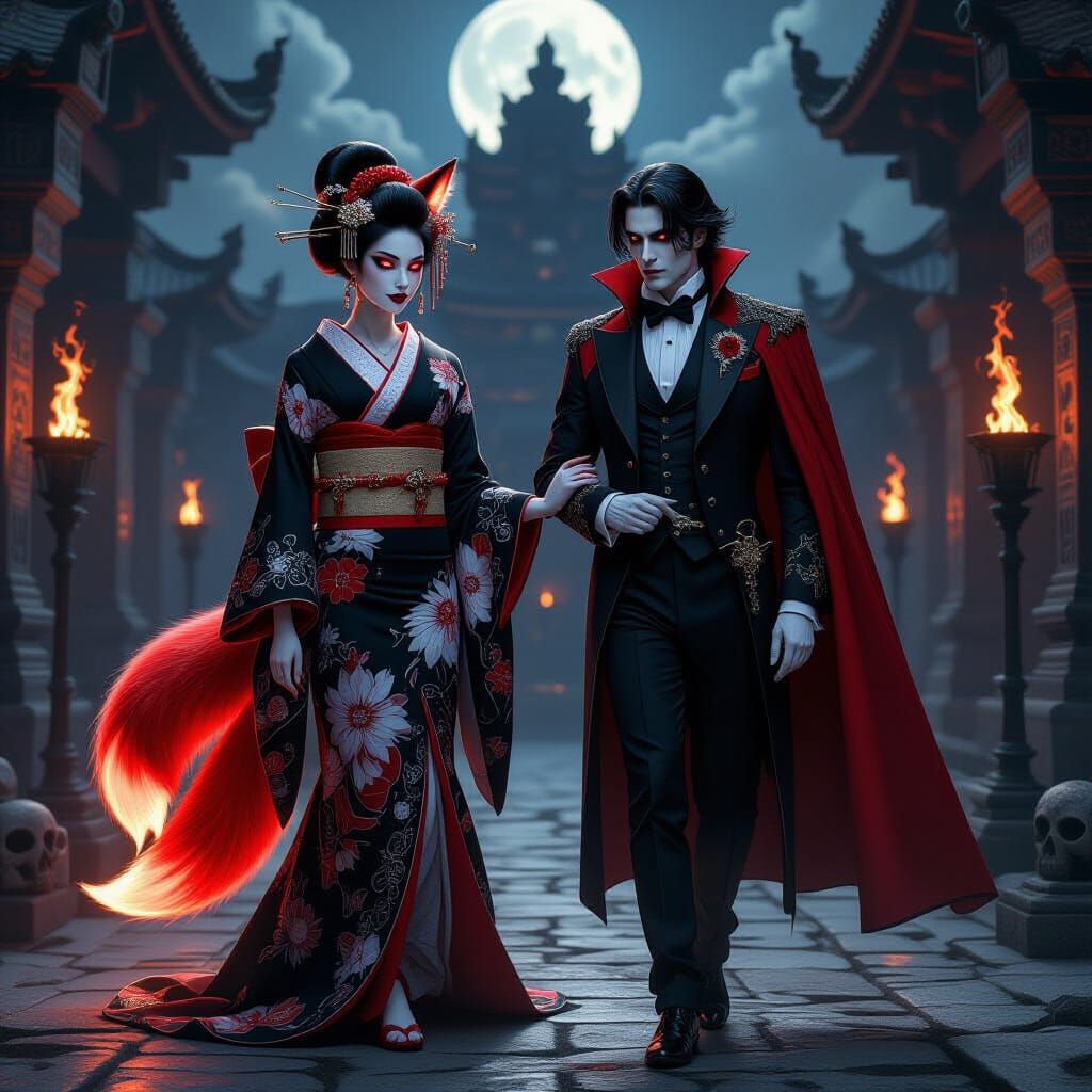 Gothic Kitsune and Vampire in Aztec Temple