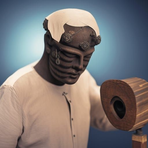 Man with Wooden Clock Heart in Soft Light