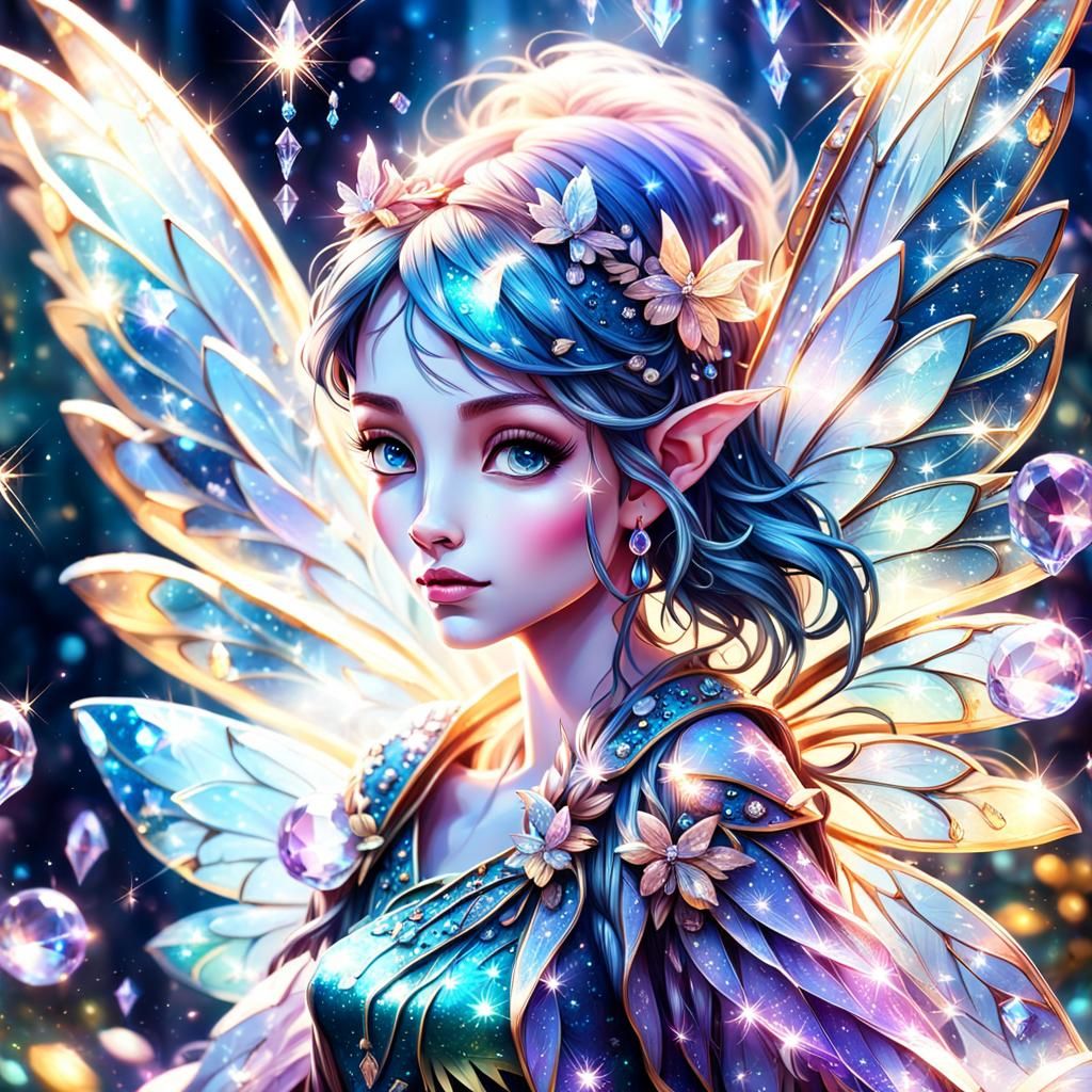 Crystal Fairy with Sparkling Wings, Hyperrealistic Art