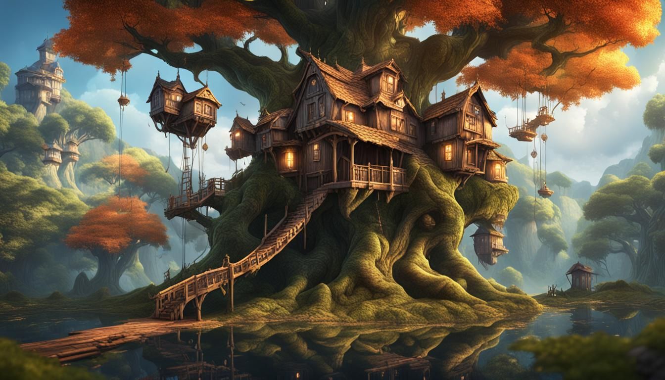 Fantastical Treehouses in Giant Tree: Detailed Matte Paintin...