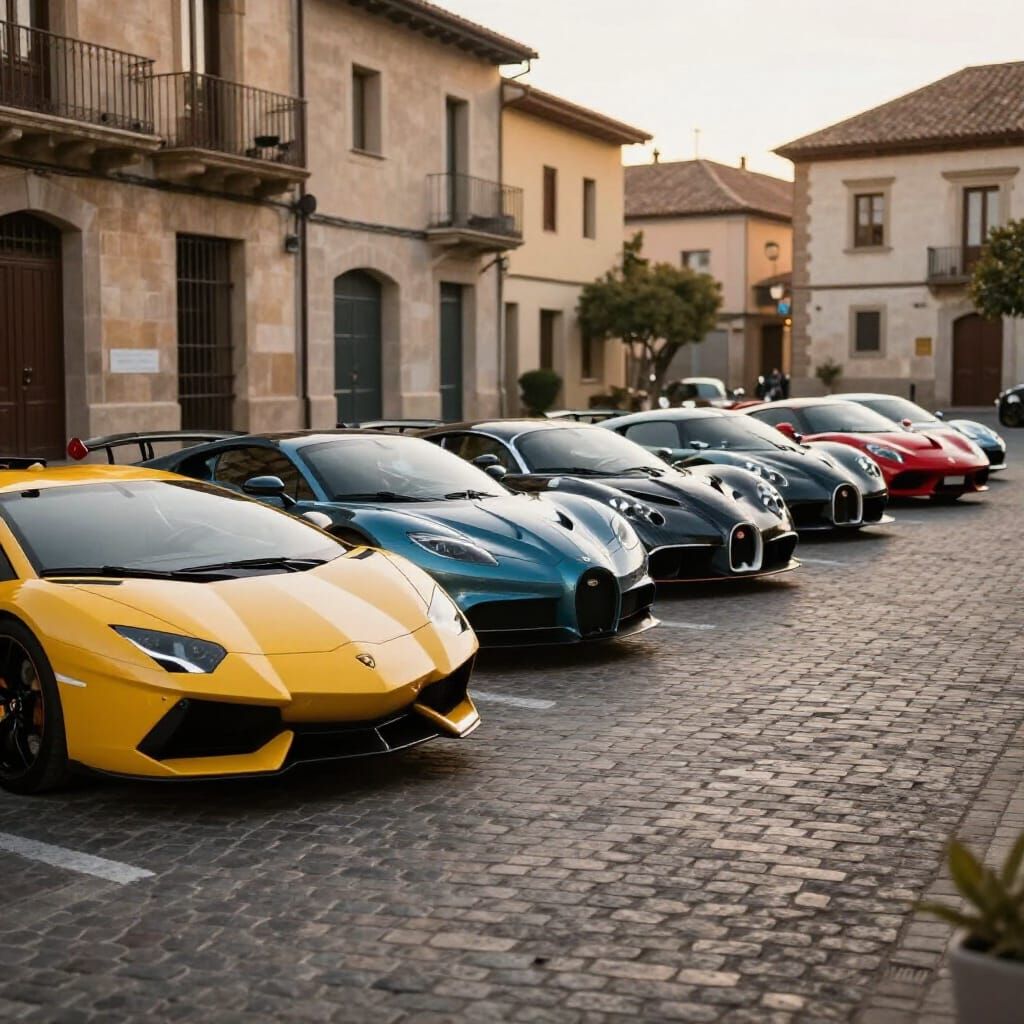 Supercar Lineup on Spanish Street, Photorealistic Style
