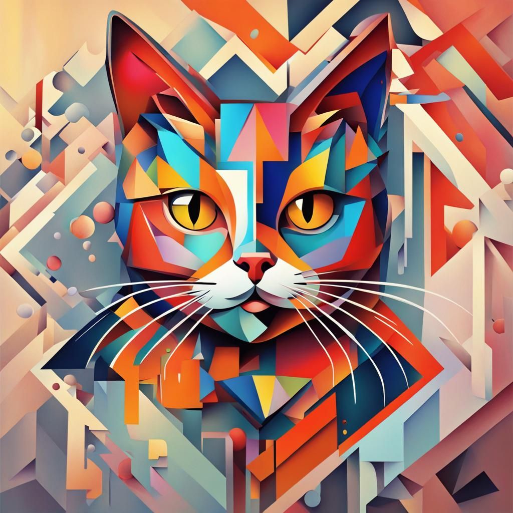Colorful Dripping Paint Cat Art in Cubist Style