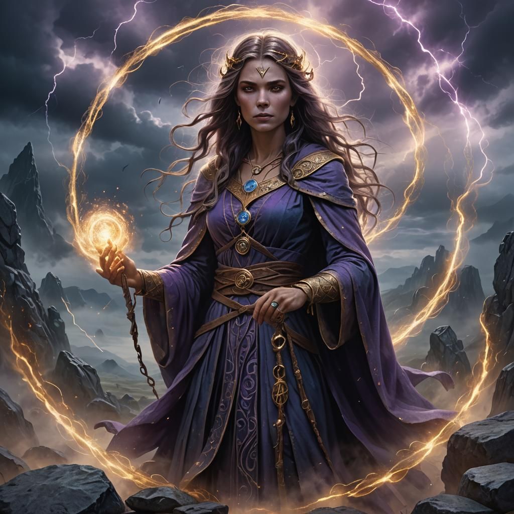 Sorceress Casting Spell in Stone Circle, Fantasy Art