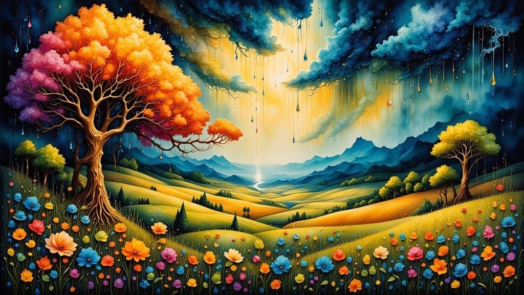 Abstract Expressionist Summer Storm Inspired by Miró