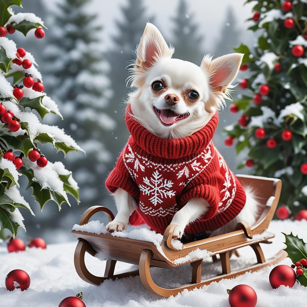 Cute Chihuahua Sled Ride in Snowy Winter Wonderland