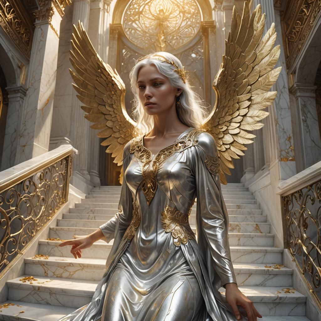Metallic Angel on Marble Stairs, Surreal Digital Art