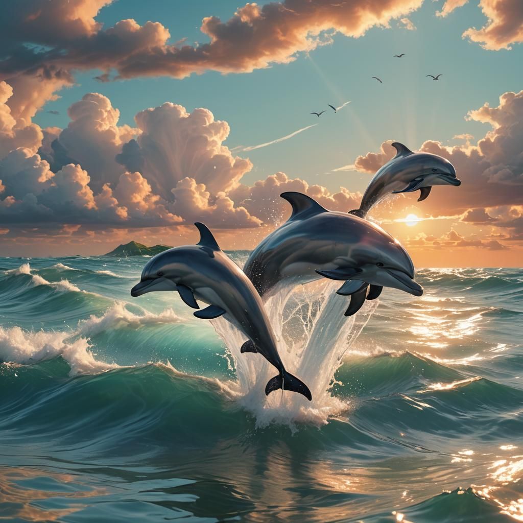 Hyperrealistic Dolphins Jumping in Sunset Light