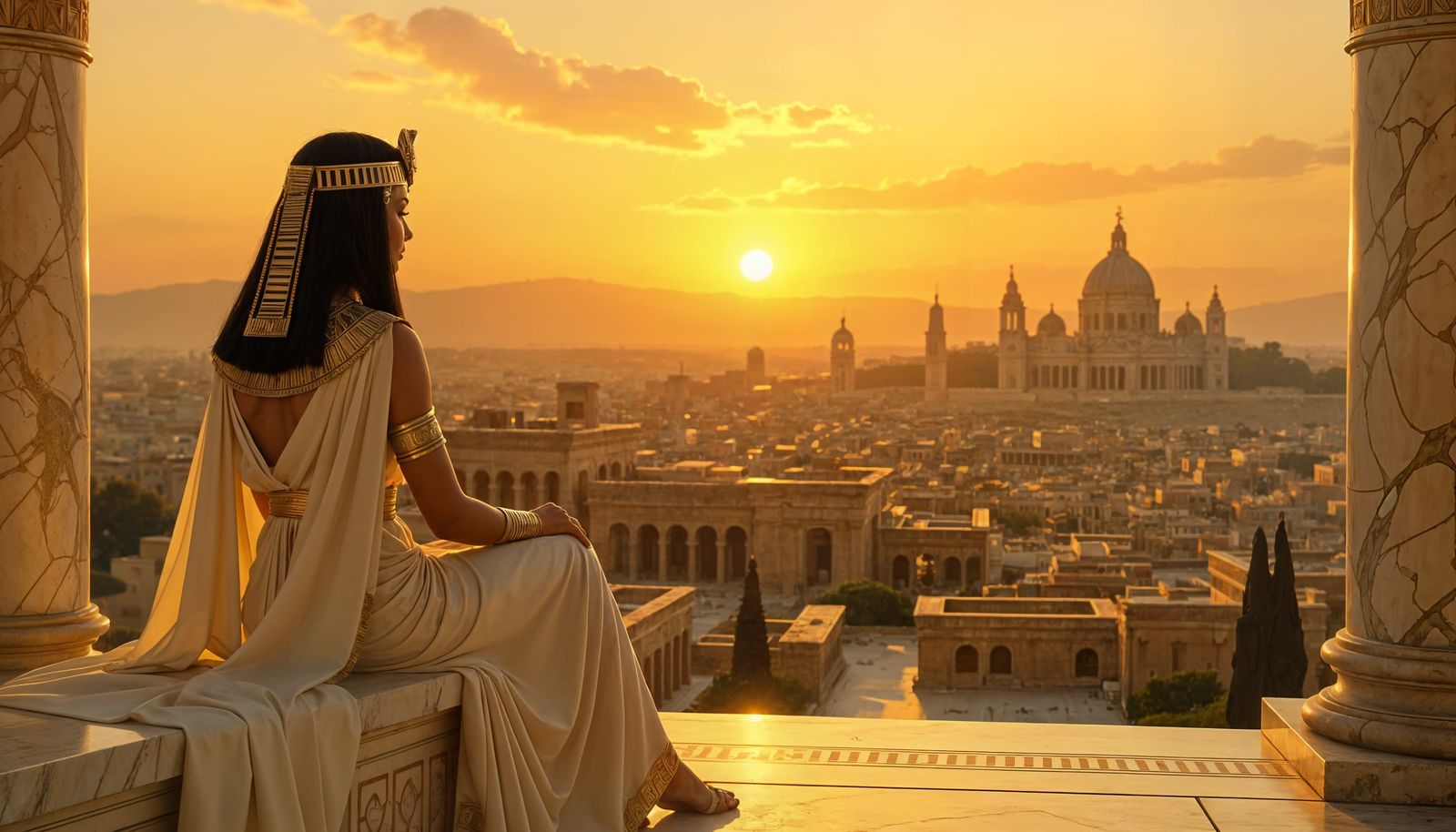 Cleopatra Overlooking Ancient Rome at Sunset