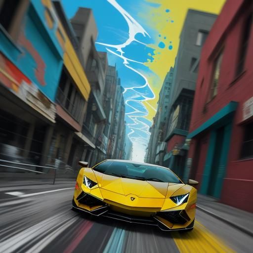 Lamborghini Speeding Past Graffiti in Urban Art Style