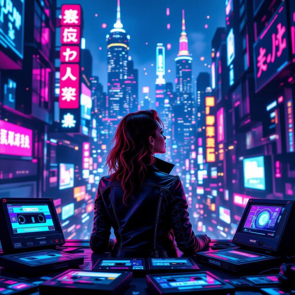 Cyberpunk Woman & Retro Tech in Neon City