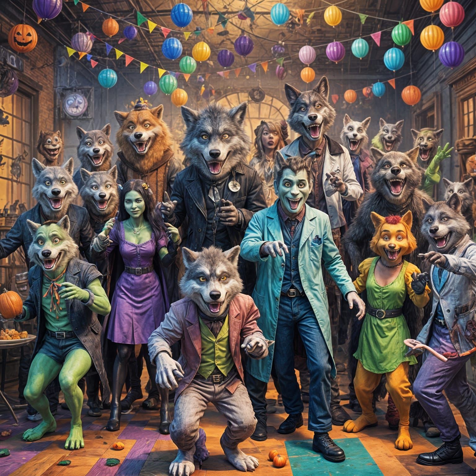Wolf Furries Halloween Party in Pixar 3D Style