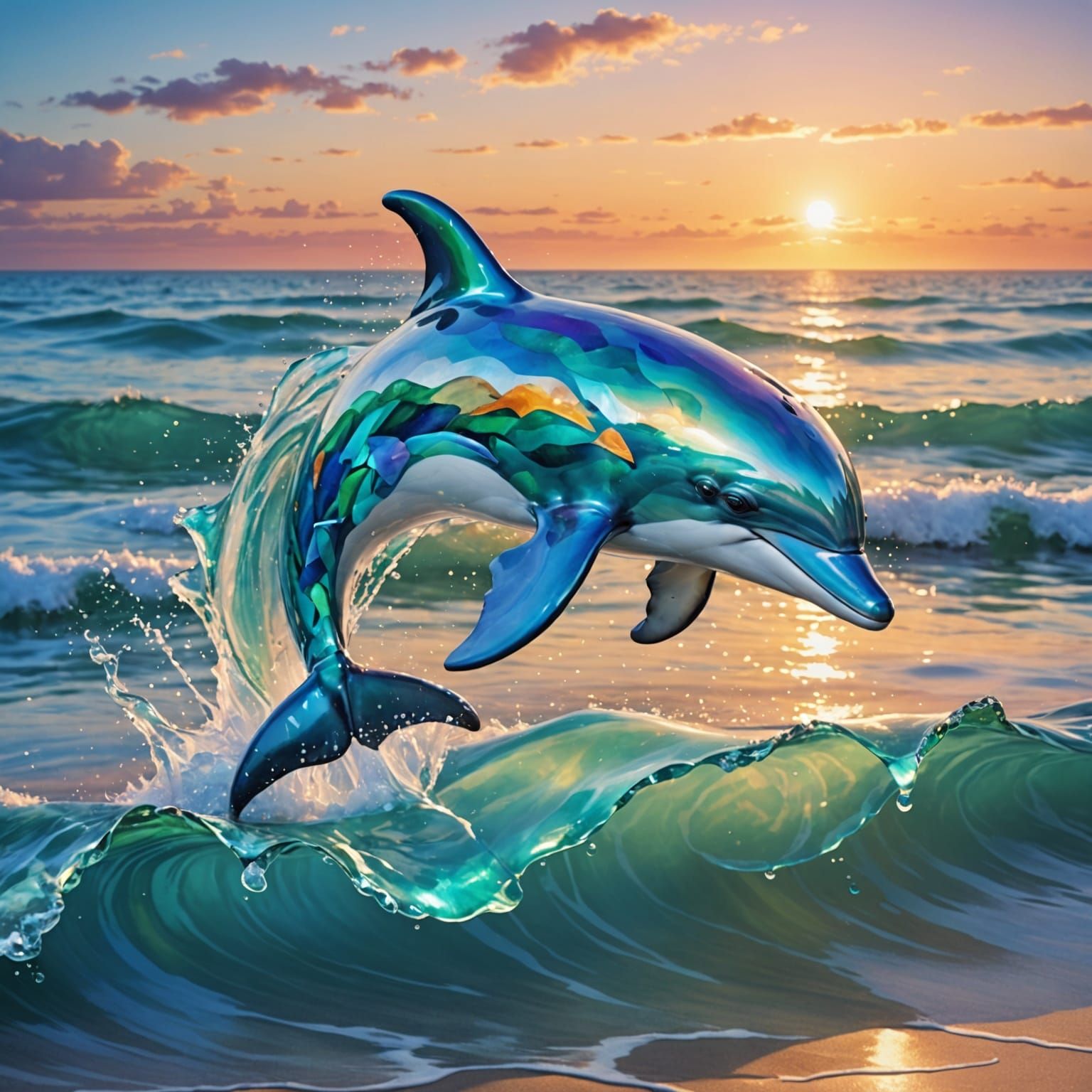 Glass Dolphin Leaping at Sunset in Watercolor Style