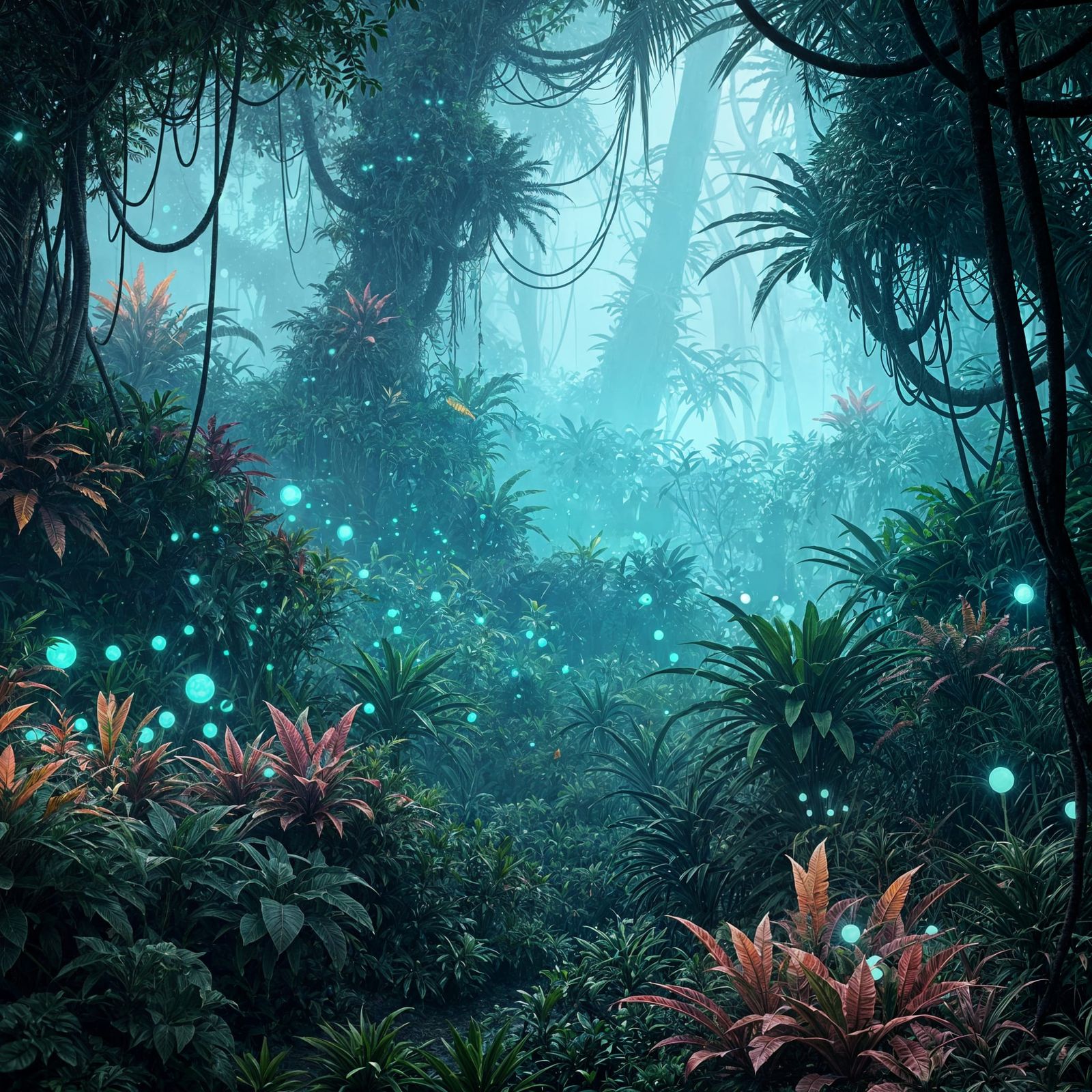 Alien Jungle with Glowing Flora and Strange Creatures