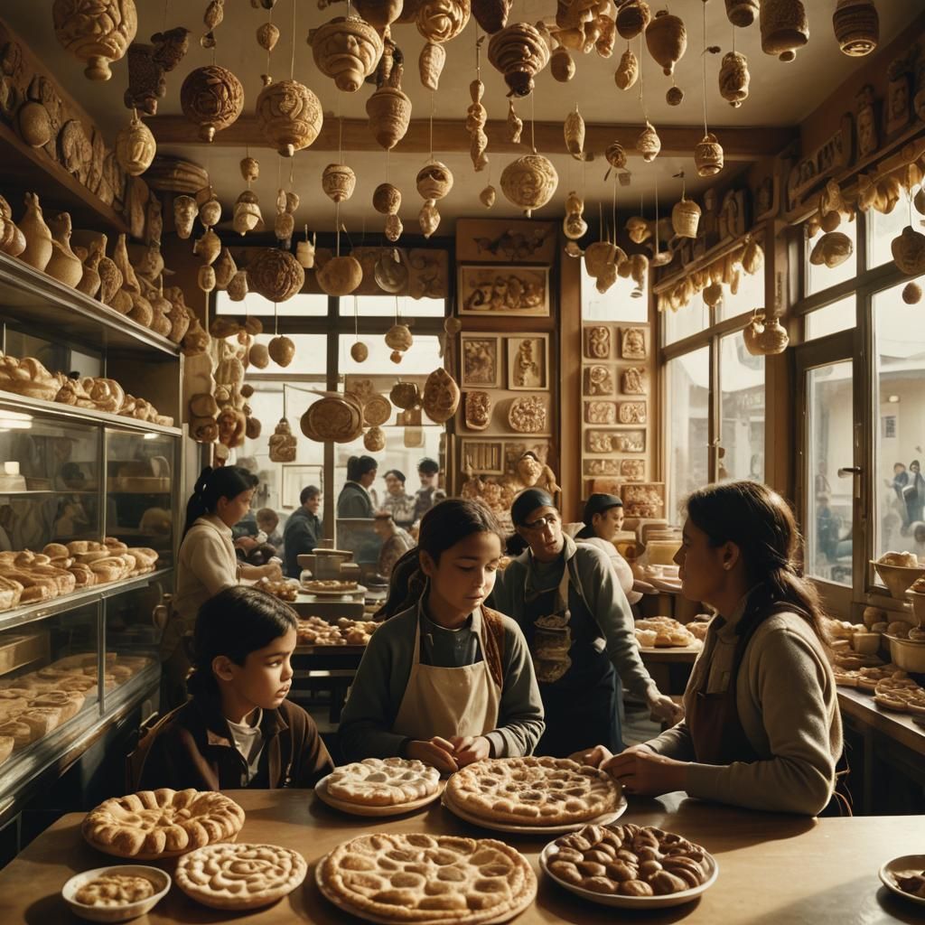 Cozy Panaderia Scene with Caritas Volunteer, Film Style